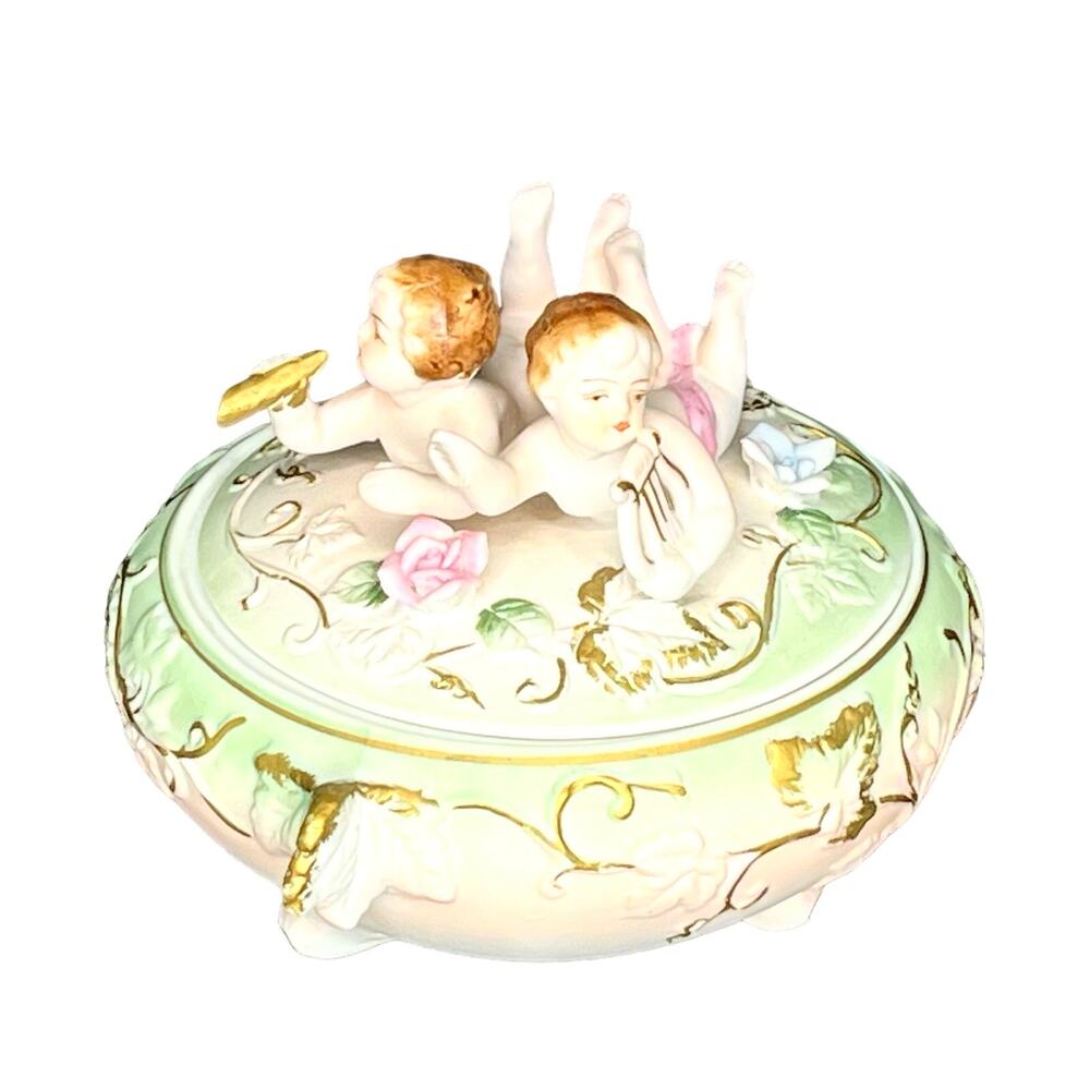 Porcelain Cherubs Dresser Box Dish Bisque Footed Covered Harp Horn Gold Pink Vtg